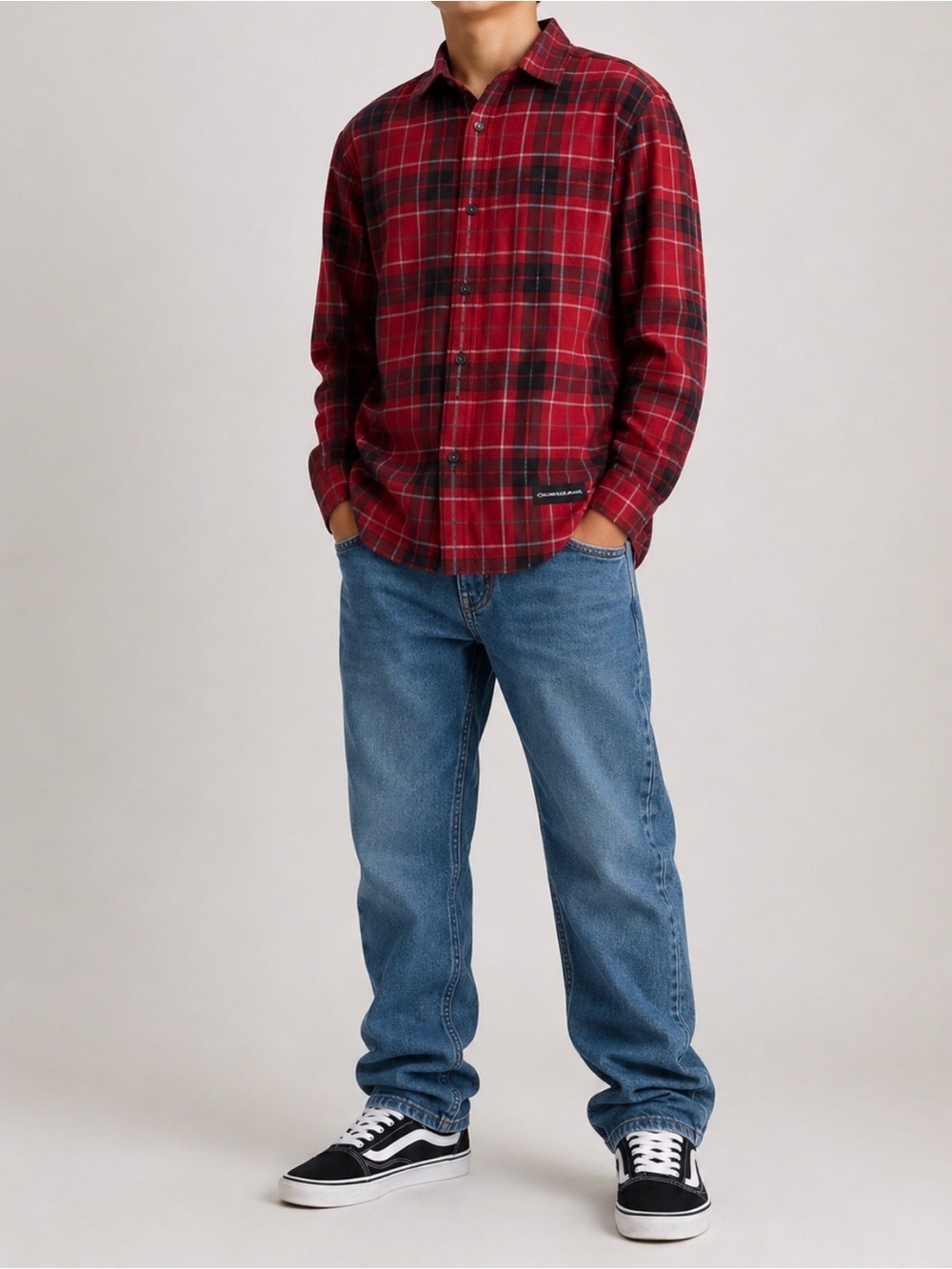 Calvin Klein Jeans Boys XL 18/20 Red Black Plaid Long Sleeve Button Up Shirt